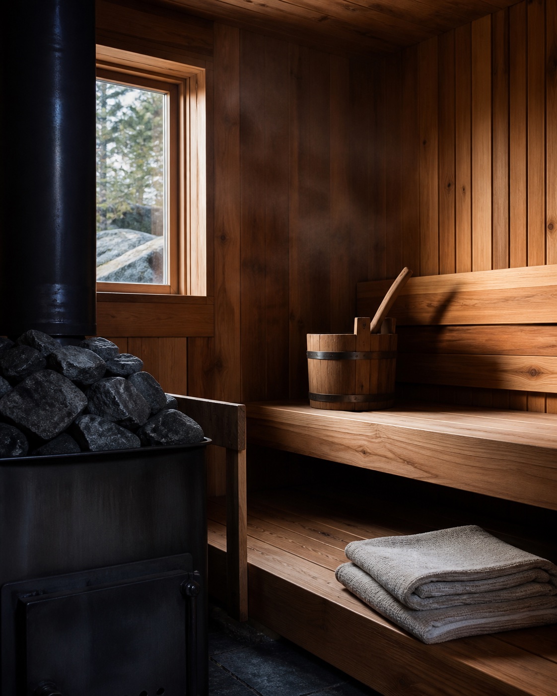 Concept image of timber sauna benches, stove, stones, and folded towels